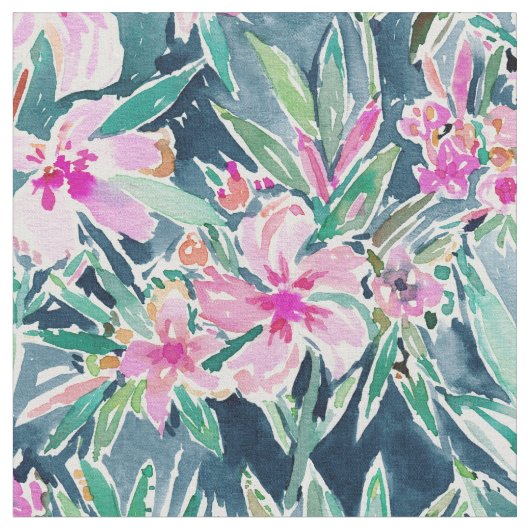 緑豊かなオレアンダーの熱帯水彩画の花柄 ファブリック (クローズアップ)