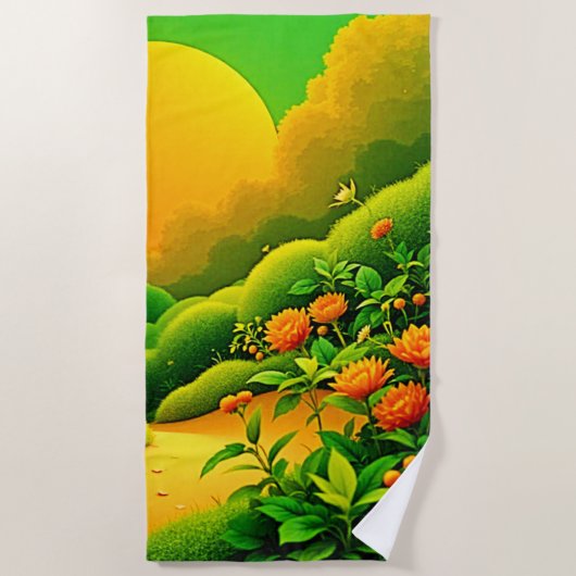 緑豊かなオレンジガーデンアート ビーチタオル (正面)