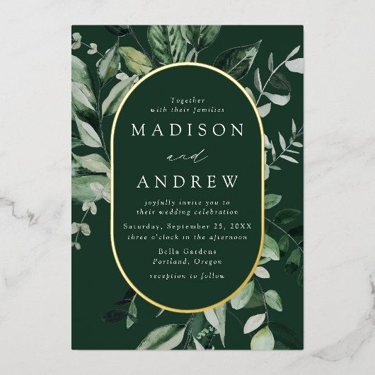 緑豊かなオーバル結婚の金ゴールド 箔招待状 (正面)