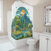 緑豊かなカーテンを持つ穏やかな川 シャワーカーテン (インサイチュ)