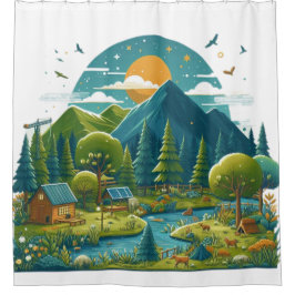 緑豊かなカーテンを持つ穏やかな川 シャワーカーテン