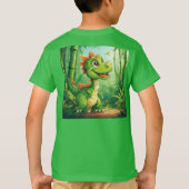 緑豊かなジャングルで愛らしい漫画の恐竜 Tシャツ (裏面)
