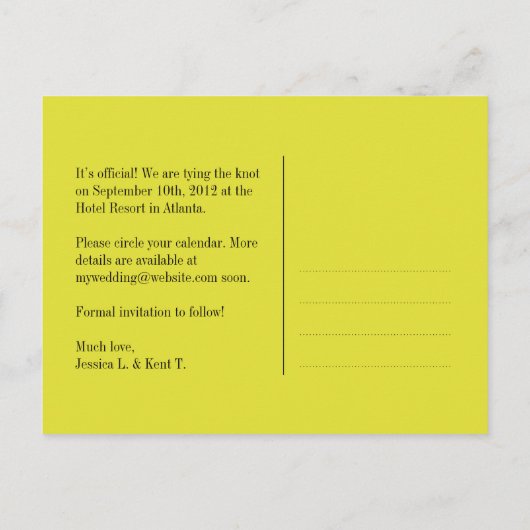 緑豊かなタイポグラフィモダンカップルは日付を保存 案内ポストカード (裏面)