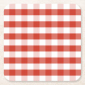 緑豊かなダリアの赤く及び白いギンガムの点検の格子縞 スクエアペーパーコースター (正面)