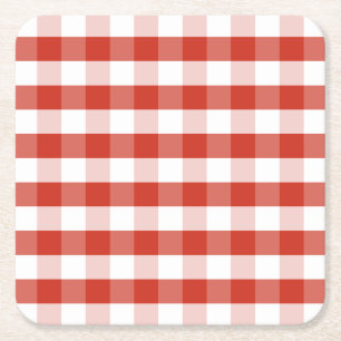 緑豊かなダリアの赤く及び白いギンガムの点検の格子縞 スクエアペーパーコースター