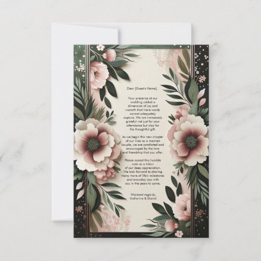 緑豊かなダークグリーンと赤面ピンク結婚フローラ サンキューカード (正面)