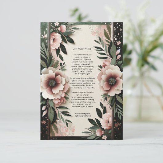 緑豊かなダークグリーンと赤面ピンク結婚フローラ サンキューカード (スタンド正面)