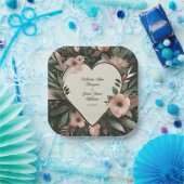 緑豊かなダークグリーンと赤面ピンク結婚フローラ ペーパープレート (パーティー)