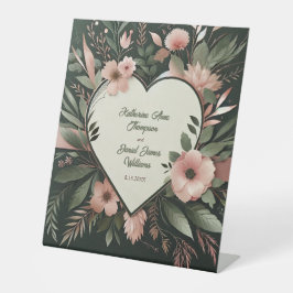 緑豊かなダークグリーンと赤面ピンク結婚フローラ 台座サイン