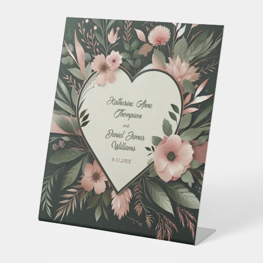 緑豊かなダークグリーンと赤面ピンク結婚フローラ 台座サイン (正面)