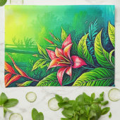 緑豊かなトロピカルジャングルオアシスデザイン キッチンタオル (折り畳み)