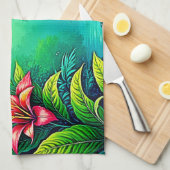 緑豊かなトロピカルジャングルオアシスデザイン キッチンタオル (四つ折り)