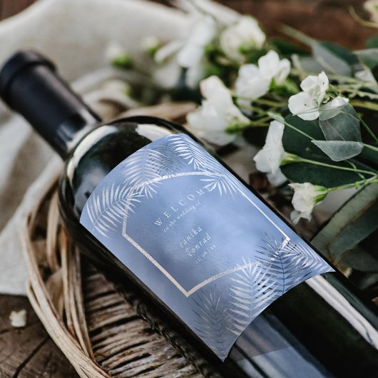 緑豊かなパーム結婚リーフのウェルカムウィンザーブルーID956 ワインラベル