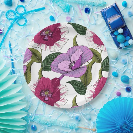 緑豊かなピンクと紫のポピーの庭のパーティー花模様 ペーパープレート (パーティー)