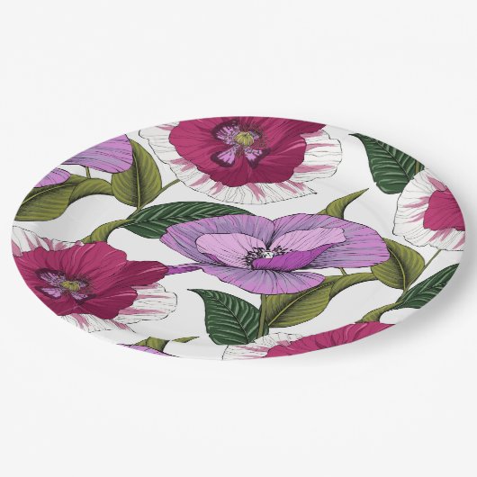 緑豊かなピンクと紫のポピーの庭のパーティー花模様 ペーパープレート (アングル)