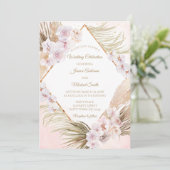 緑豊かなピンクと金ゴールドの水色のフローラ結婚のカード 招待状 (スタンド正面)
