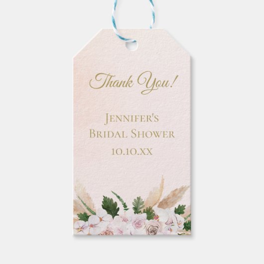 緑豊かなピンクと金ゴールド水彩フローラ ギフトタグ (正面)