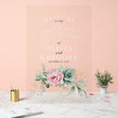 緑豊かなピンクのフローラ結婚の歓迎 アクリルサイン (ウェディング)