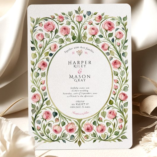緑豊かなピンクのローズガーデンヴィンテージウェディング 招待状