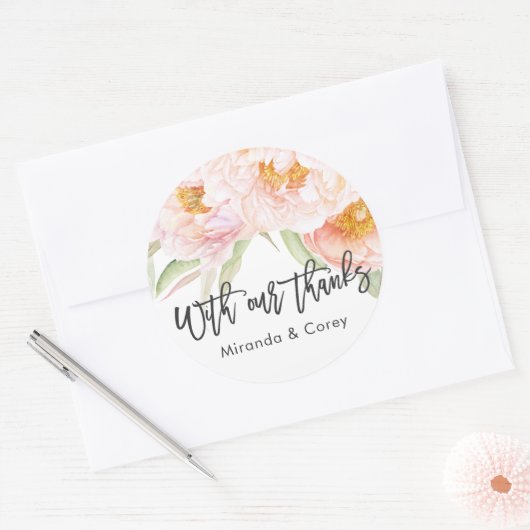 緑豊かなピンクの牡丹フローラありがとう ラウンドシール (封筒)