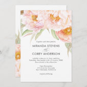 緑豊かなピンク牡丹の水彩フローラ結婚ズ 招待状 (正面/裏面)