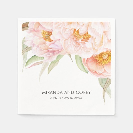 緑豊かなピンク牡丹の水彩フローラ スタンダードカクテルナプキン (正面)