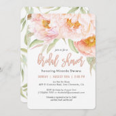 緑豊かなピンク牡丹ウォーターカラーフローラブライダルシャワー 招待状 (正面/裏面)