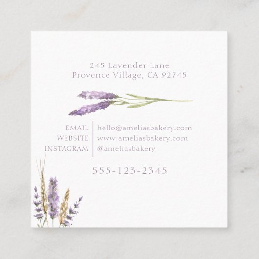 緑豊かなフローラ小麦、ピンクとラベンダーのリースベーカリー スクエア名刺 (裏面)