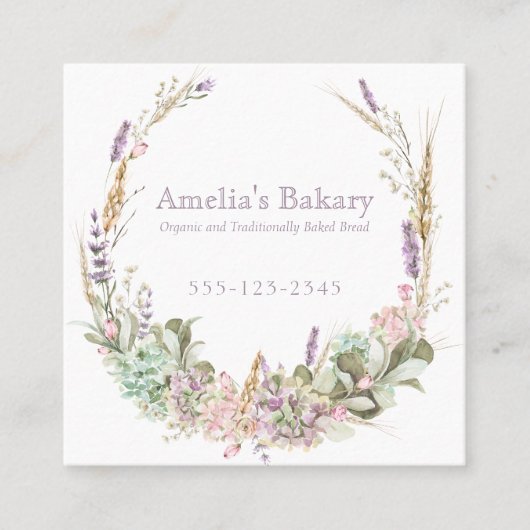 緑豊かなフローラ小麦、ピンクとラベンダーのリースベーカリー スクエア名刺 (正面)