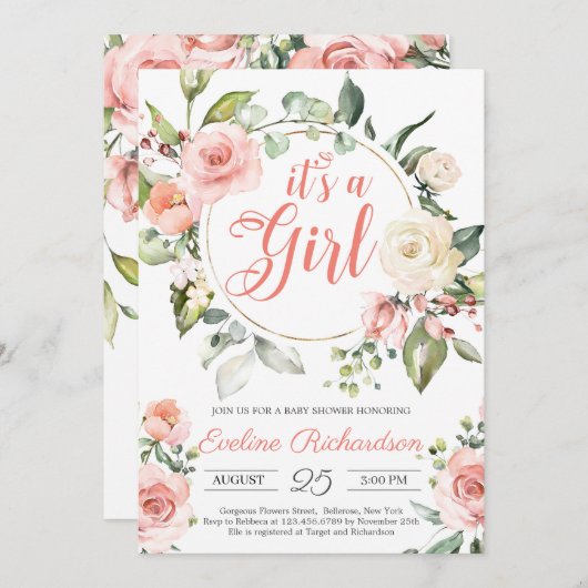 緑豊かなフローラ赤面ピンクのバラbohoベビーシャワー 招待状 (正面/裏面)