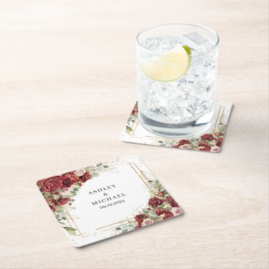 緑豊かなブルゴーニュフローラ金ゴールド幾何学結婚法の スクエアペーパーコースター (インサイチュ)