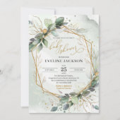 緑豊かなユーカリとフェイク金ゴールドの赤ちゃんシャワー 招待状 (正面)