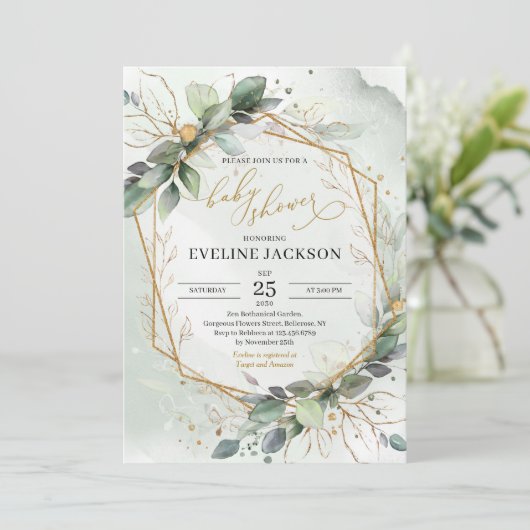 緑豊かなユーカリとフェイク金ゴールドの赤ちゃんシャワー 招待状 (スタンド正面)