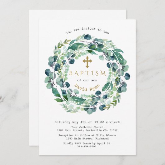 緑豊かなユーカリの葉がバプテスマを越える 招待状 (正面/裏面)