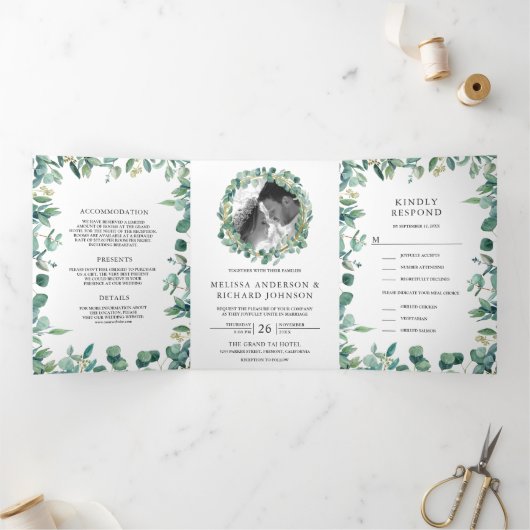 緑豊かなユーカリの葉が一つにまとまったウェディング 三つ折り招待状 (内部)