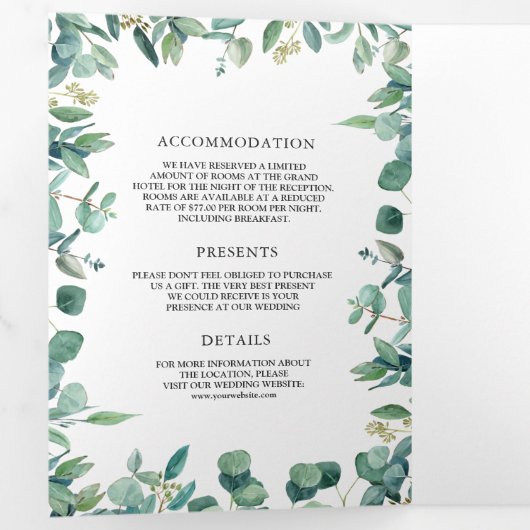 緑豊かなユーカリの葉が一つにまとまったウェディング 三つ折り招待状 (内部最初)