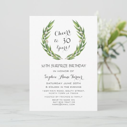 緑豊かなユーカリの葉のリース30th誕生日 招待状 (スタンド正面)