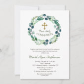 緑豊かなユーカリの葉金ゴールド十字聖餐式 招待状 (正面)