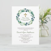 緑豊かなユーカリの葉金ゴールド十字聖餐式 招待状 (スタンド正面)