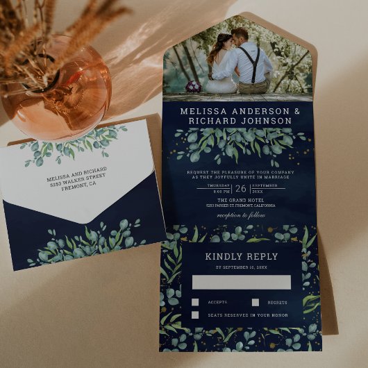 緑豊かなユーカリ葉スネイビー結婚ブルー オールインワン招待状