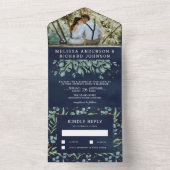 緑豊かなユーカリ葉スネイビー結婚ブルー オールインワン招待状 (内側)