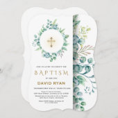 緑豊かなユーカリ金ゴールドクロスボーイバプテスマ 招待状 (正面/裏面)