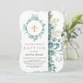 緑豊かなユーカリ金ゴールドクロスボーイバプテスマ 招待状 (スタンド正面)