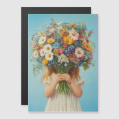 緑豊かなワイルドフラワーの花束を持つ子ども マグネット招待状 (正面/裏面)