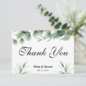 緑豊かな天然のユーカリの花の葉のウェディング サンキューカード (スタンド正面)
