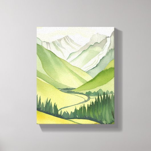 緑豊かな山々 | 緑の水彩風景 キャンバスプリント (正面)