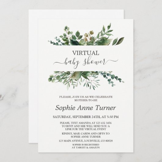 緑豊かな幾何学的な緑のバーチャル赤ちゃんシャワー 招待状 (正面/裏面)