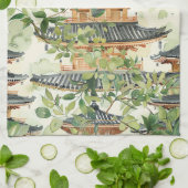 緑豊かな景観に彩られたアジアの水彩塔(16) キッチンタオル (折り畳み)