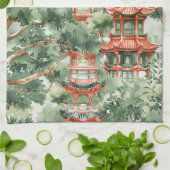 緑豊かな景観に彩られたアジアの水彩塔(17) キッチンタオル (折り畳み)