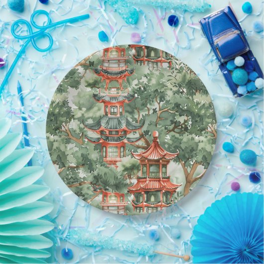 緑豊かな景観に彩られたアジアの水彩塔(17) ペーパープレート (パーティー)